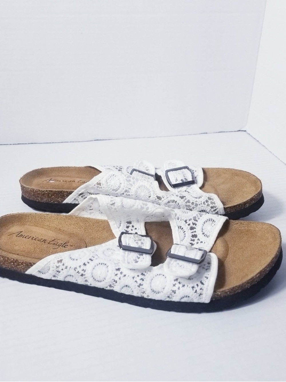 American Eagle Outfitters White Lace Double-Buckle Slide Sandals